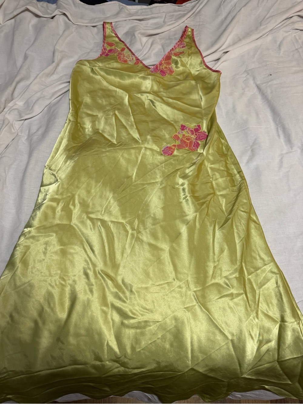 Silky Lime Green Slip Dress with Pink Floral Trim